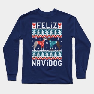 Feliz Navidog witty wordplay fair isle greyhounds // spot // teal and navy background cute dogs dressed with teal and red knitted Christmas ugly sweaters pixel art Long Sleeve T-Shirt